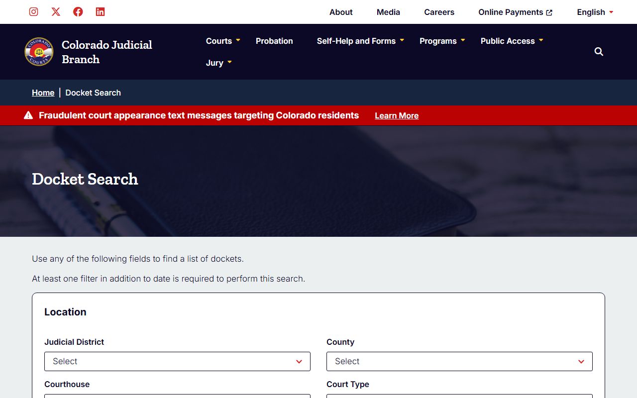 Bent County court records after arrest Colorado docket search form